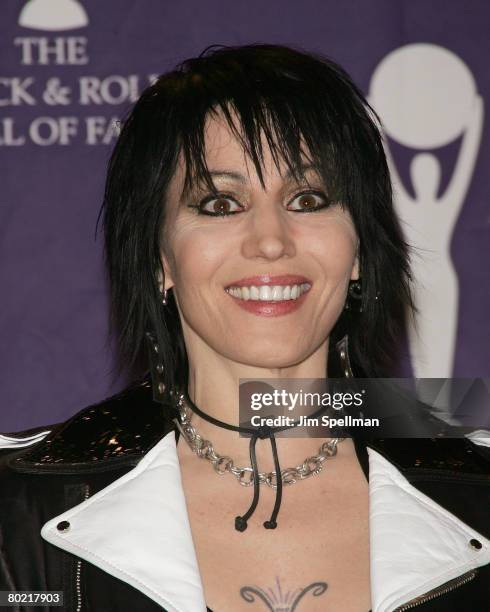 Musican Joan Jett poses in the press room during the 23rd Annual Rock and Roll Hall of Fame Induction Ceremony at the Waldorf Astoria on March 10,...