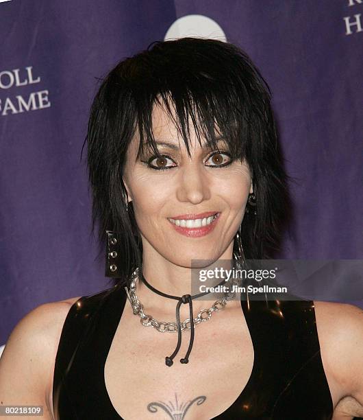 Musican Joan Jett poses in the press room during the 23rd Annual Rock and Roll Hall of Fame Induction Ceremony at the Waldorf Astoria on March 10,...