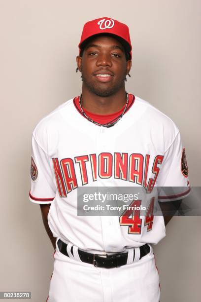 Lastings Milledge of the Washington Nationals poses for a portrait during photo day at Space Coast Stadium on February 23, 2008 in Viera, Florida.