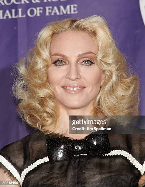 Inductee Madonna poses in the press room during the 23rd Annual Rock and Roll Hall of Fame Induction Ceremony at the Waldorf Astoria on March 10,...