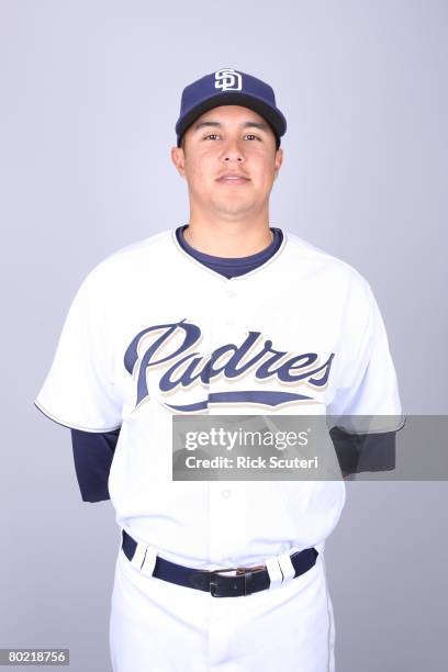 Carlos Guevara of the San Diego Padres poses for a portrait during photo day at Peoria Stadium on February 22, 2008 in Peoria, Arizona.