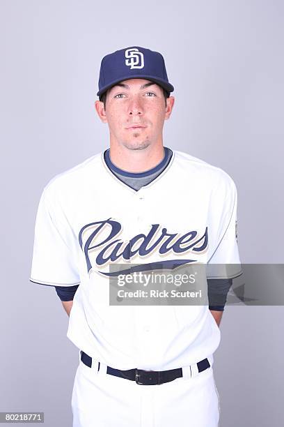 Josh Geer of the San Diego Padres poses for a portrait during photo day at Peoria Stadium on February 22, 2008 in Peoria, Arizona.