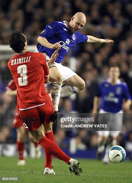 Everton's English forward Andrew Johnson vies with Fiorentina's Italian defender Dario Dainelli during their UEFA Cup Fourth Round Second Leg at...