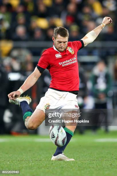 Dan Biggar of the Lions kicks during the match between the Hurricanes and the British & Irish Lions at Westpac Stadium on June 27, 2017 in...