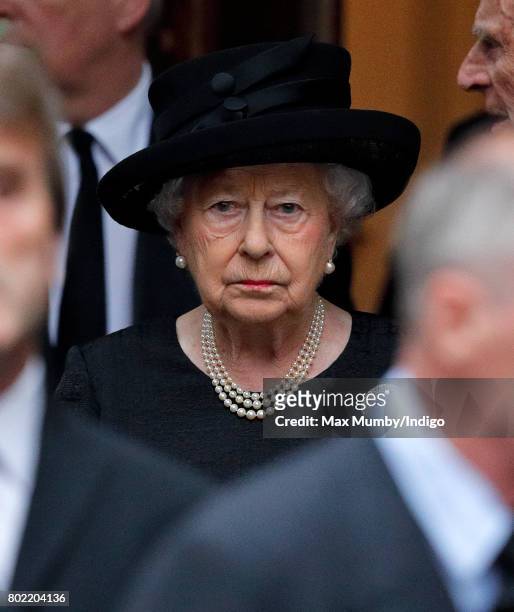 Queen Elizabeth II attends the funeral of Patricia Knatchbull, Countess Mountbatten of Burma at St Paul's Church, Knightsbridge on June 27, 2017 in...