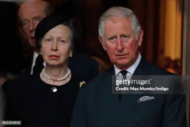 Princess Anne, The Princess Royal and Prince Charles, Prince of Wales attend the funeral of Patricia Knatchbull, Countess Mountbatten of Burma at St...