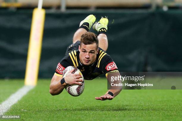 Wes Goosen of the Hurricanes scores a try during the match between the Hurricanes and the British & Irish Lions at Westpac Stadium on June 27, 2017...