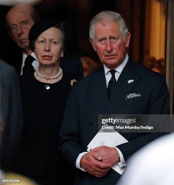 Princess Anne, The Princess Royal and Prince Charles, Prince of Wales attend the funeral of Patricia Knatchbull, Countess Mountbatten of Burma at St...