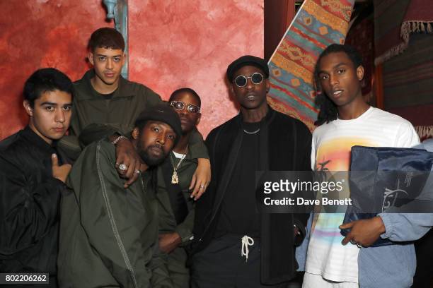 Guest, guest, Jammer, guest, Skepta and Bakar attend the launch of Skepta's new fashion label "Mains" at Selfridges on June 27, 2017 in London,...