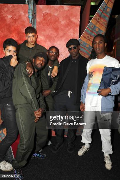 Guest, guest, Jammer, guest, Skepta and Bakar attend the launch of Skepta's new fashion label "Mains" at Selfridges on June 27, 2017 in London,...