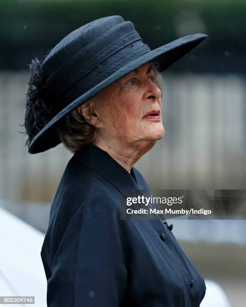 Lady Pamela Hicks attends the funeral of Patricia Knatchbull, Countess Mountbatten of Burma at St Paul's Church, Knightsbridge on June 27, 2017 in...