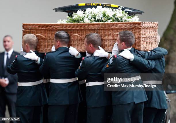 Bearer party of soldiers from the Canadian regiment 2nd Battalion, Princess Patricia's Canadian Light Infantry carry Patricia Knatchbull, Countess...