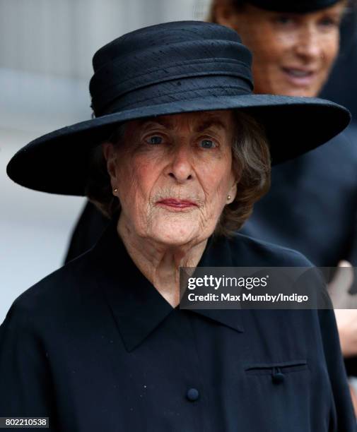 Lady Pamela Hicks attends the funeral of Patricia Knatchbull, Countess Mountbatten of Burma at St Paul's Church, Knightsbridge on June 27, 2017 in...