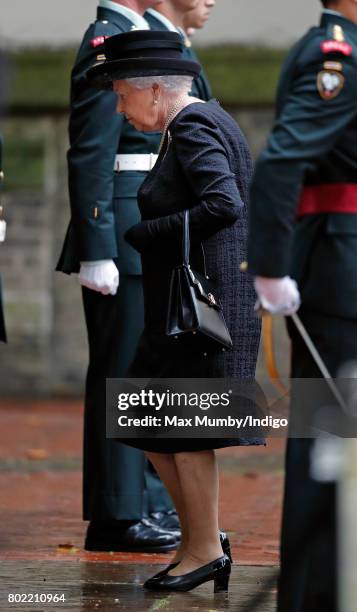 Queen Elizabeth II attends the funeral of Patricia Knatchbull, Countess Mountbatten of Burma at St Paul's Church, Knightsbridge on June 27, 2017 in...