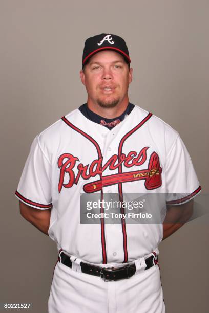 Chipper Jones of the Atlanta Braves poses for a portrait during photo day at Champion Stadium Stadium at Disney's Wide World of Sports on February...