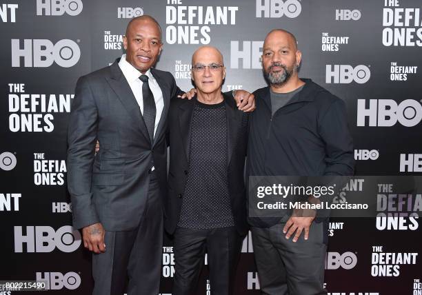 Dr. Dre, Jimmy Iovine and Allen Hughes attend "The Defiant Ones" premiere at Time Warner Center on June 27, 2017 in New York City.