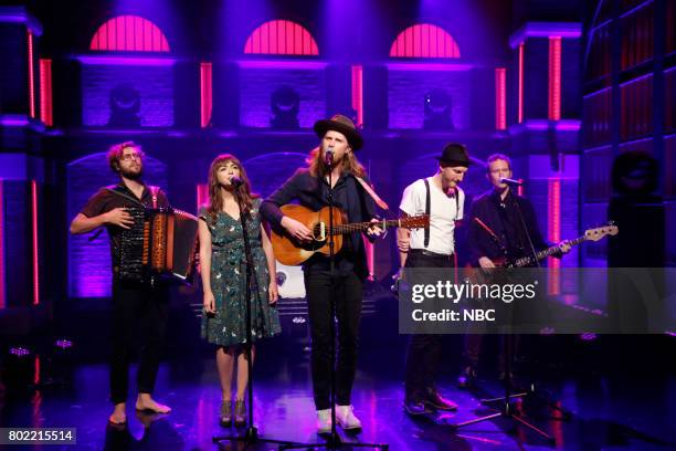 Episode 549 -- Pictured: Musical guests Stelth Ulvang, Neyla Pekarek, Wesley Schultz, Jeremiah Fraites, Byron Isaacs of The Lumineers perform on June...