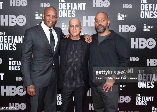 Dr. Dre, Jimmy Iovine and Allen Hughes attend "The Defiant Ones" premiere at Time Warner Center on June 27, 2017 in New York City.