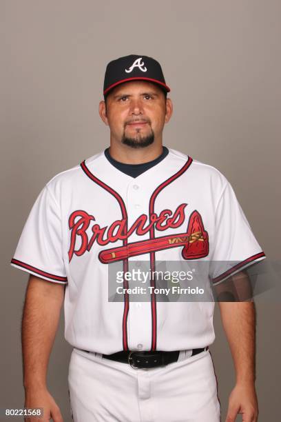 Jorge Campillo of the Atlanta Braves poses for a portrait during photo day at Champion Stadium Stadium at Disney's Wide World of Sports on February...