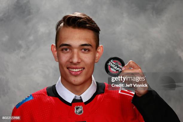 Artagnan Joly, 171st overall pick of the Calgary Flames, poses for a portrait during the 2017 NHL Draft at United Center on June 24, 2017 in Chicago,...