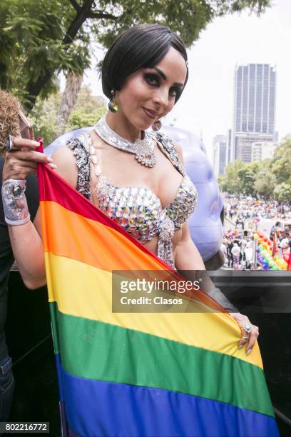 Actress Ivonne Montero poses with LGBTTI flag during a Gay Pride Parade on June 24, 2016 in Mexico City, Mexico.