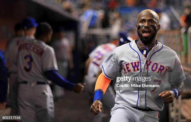 Jose Reyes of the New York Mets looks on during a game against the Miami Marlins at Marlins Park on June 27, 2017 in Miami, Florida.