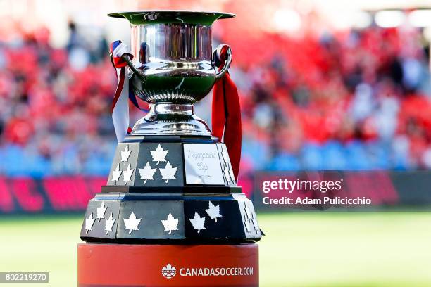 The Voyageurs Cup on display before the start of the match between Toronto FC v Montreal Impact during Leg 2 of the 2017 Canadian Championship on...