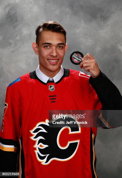 Artagnan Joly, 171st overall pick of the Calgary Flames, poses for a portrait during the 2017 NHL Draft at United Center on June 24, 2017 in Chicago,...