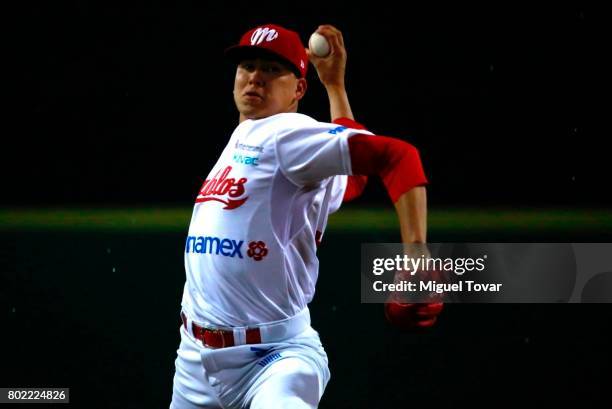 Juan Oramas of Diablos pitches during the match between Rojos del Aguila and Diablos Rojos as part of the Liga Mexicana de Beisbol 2017 at Fray Nano...