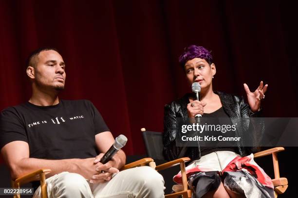 Erik Parker and Martha Diaz attend the "Made You Look Hip Hop Retrospective Screening of Nas: Time Is Illmatic," screening presented by The Academy...