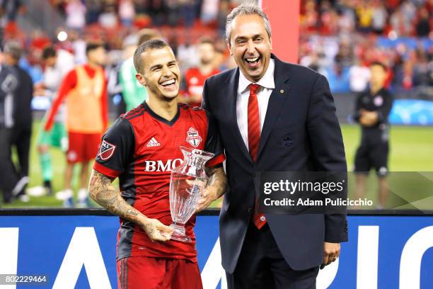 Forward Sebastian Giovinco of Toronto FC wins the George Gross Trophy as the 2017 Canadian Championship MVP against the Montreal Impact during Leg 2...