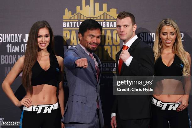 Manny Pacquiao and Jeff Horn face off after the official press conference for WBO World Welterweight Championship at Suncorp Stadium on June 28, 2017...