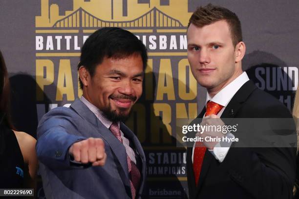 Manny Pacquiao and Jeff Horn face off after the official press conference for WBO World Welterweight Championship at Suncorp Stadium on June 28, 2017...