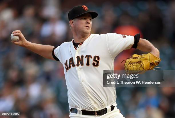 Matt Cain of the San Francisco Giants pitches against the Colorado Rockies in the top of the first inning at AT&T Park on June 27, 2017 in San...