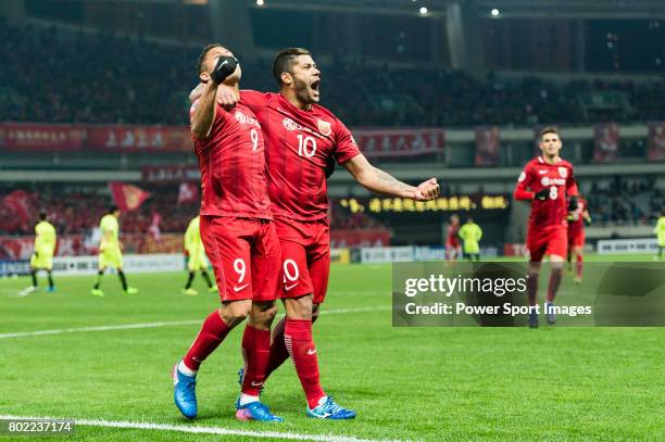 Shanghai FC Forward Givanildo Vieira De Sousa celebrating his score with his teammate Elkeson De Oliveira Cardoso during the AFC Champions League...