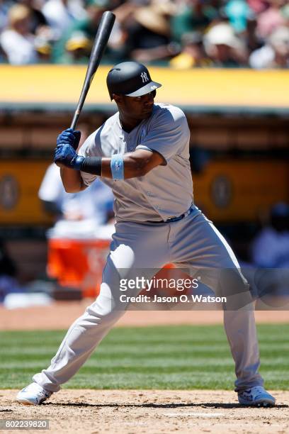 Chris Carter of the New York Yankees at bat against the Oakland Athletics during the fourth inning at the Oakland Coliseum on June 17, 2017 in...