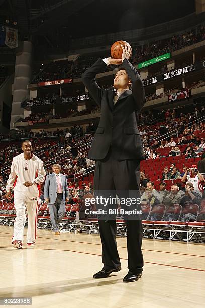 Yao Ming of the Houston Rockets shoots prior to the game against the Washington Wizards on February 26, 2008 at the Toyota Center in Houston, Texas....