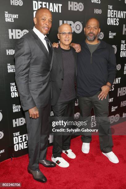 Dr. Dre, Jimmy Iovine and Allen Hughes attend "The Defiant Ones" New York premiere on June 27, 2017 in New York City.