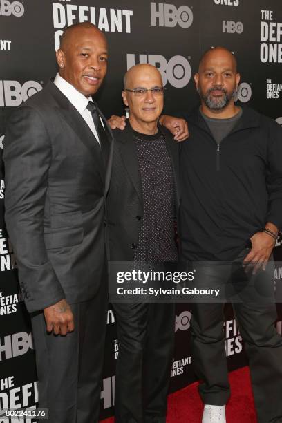 Dr. Dre, Jimmy Iovine and Allen Hughes attend "The Defiant Ones" New York premiere on June 27, 2017 in New York City.