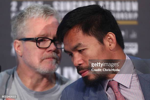 Trainer Freddie Roach and Manny Pacquiao during the official Pacquiao Vs Horn press conference for WBO World Welterweight Championship at Suncorp...