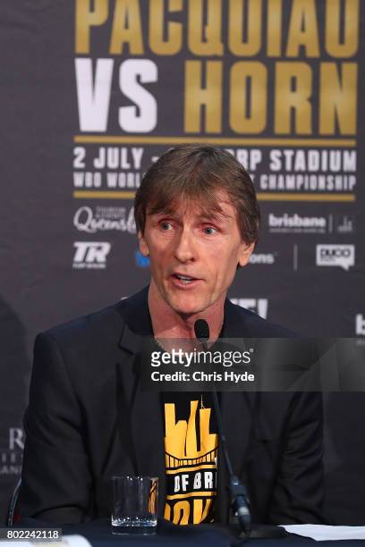 Trainer Glenn Rushton during the official Pacquiao Vs Horn press conference for WBO World Welterweight Championship at Suncorp Stadium on June 28,...