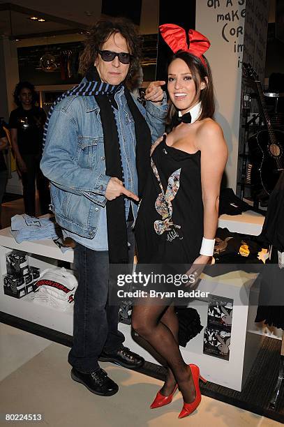 Playboy Playmate Lindsey Vuolo and photographer Mick Rock attend the Launch of "Rock The Rabbit" T-Shirt collection at Bloomingdale's No. 59 Metro on...