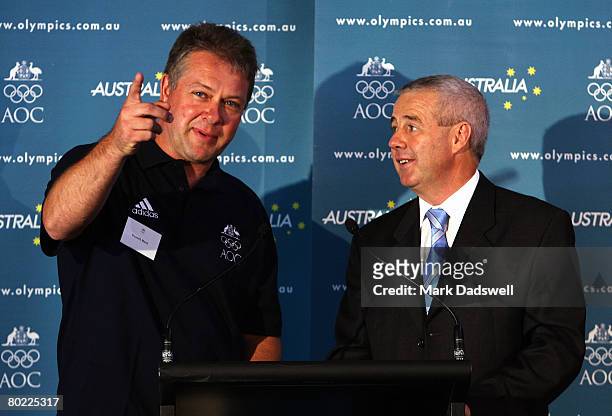 Russell Mark is interviewed by Mike Tancred the AOC Media Director during a press conference announcing the Australian shooting team for the Beijing...