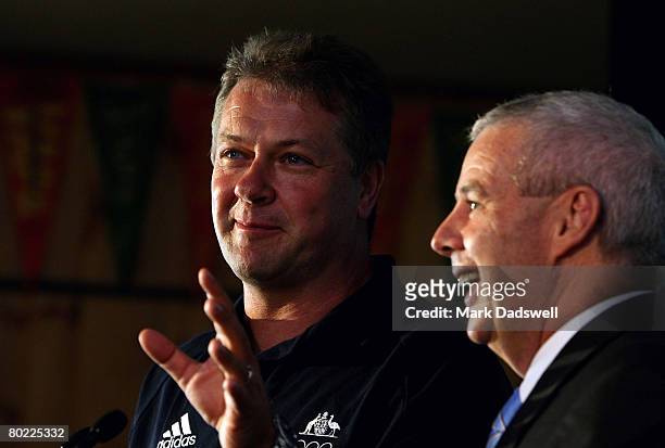 Russell Mark is interviewed by Mike Tancred the AOC Media Director during a press conference announcing the Australian shooting team for the Beijing...