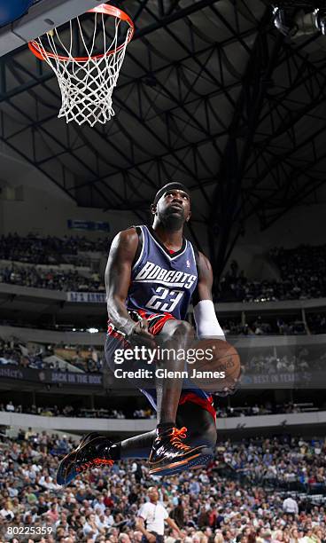 Jason Richardson of the Charlotte Bobcats takes the ball to the basket against the Dallas Mavericks on March 12, 2008 at the American Airlines Center...