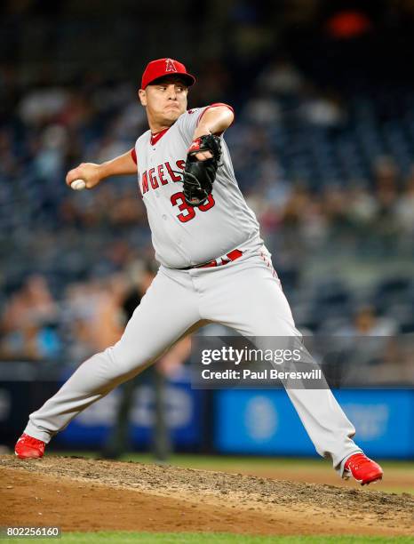 David Hernandez of the Los Angeles Angels pitches in an MLB baseball game against the New York Yankees on June 20, 2017 at Yankee Stadium in the...