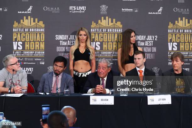 Manny Pacquiao, Bob Arum and Jeff Horn during the official press conference for WBO World Welterweight Championship at Suncorp Stadium on June 28,...