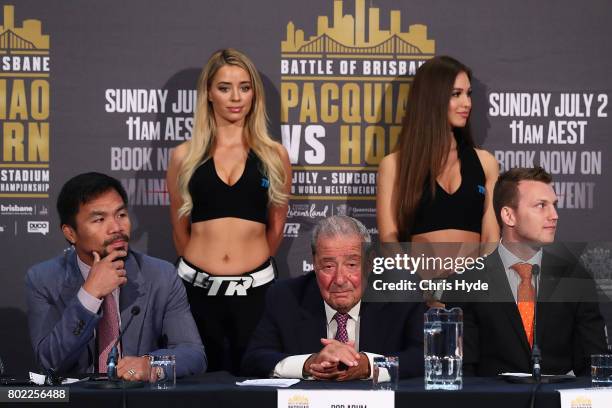 Manny Pacquiao, Bob Arum and Jeff Horn during the official press conference for WBO World Welterweight Championship at Suncorp Stadium on June 28,...