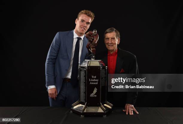 Connor McDavid of the Edmonton Oilers and Ted Lindsay pose for a portrait with the Ted Lindsay Award at the 2017 NHL Awards at T-Mobile Arena on June...