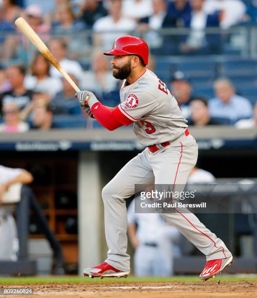 Danny Espinosa of the Los Angeles Angels hits an RBI double in an MLB baseball game against the New York Yankees on June 20, 2017 at Yankee Stadium...
